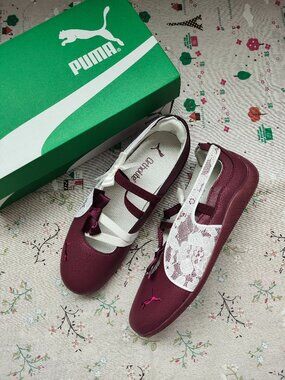 PUMA Burgundy Lace Bow Mary Jane Ballet Flats